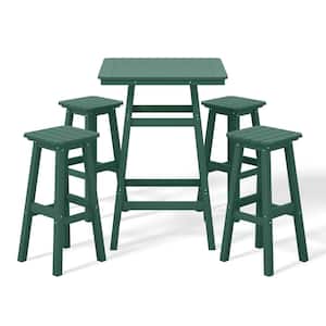 Laguna 5-Piece Fade Resistant HDPE Plastic Outdoor Patio Square Bar Height Pub Set, Matching Barstools in Dark Green