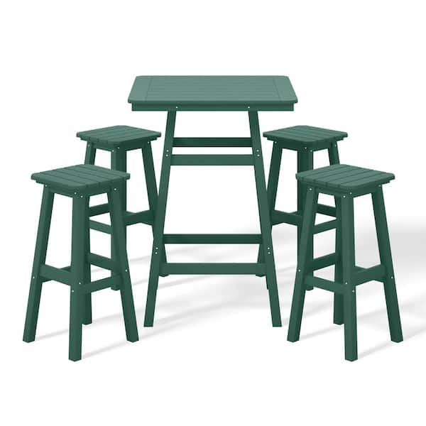 Laguna 5-Piece Fade Resistant HDPE Plastic Outdoor Patio Square Bar Height Pub Set, Matching Barstools in Dark Green