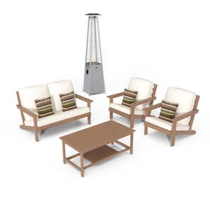 5-Piece HIPS Plastic Patio Conversation Set Fire Pit Set with Outdoor Heater, Coffee Table and Beige Cushions