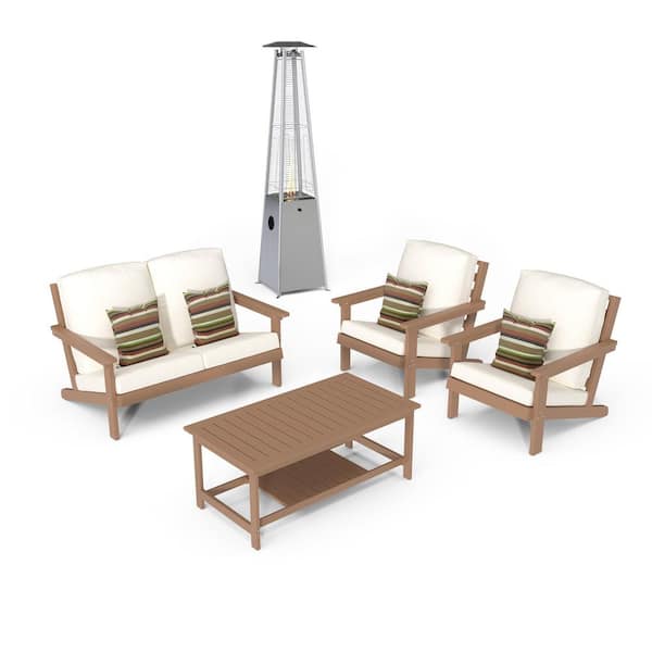 Mondawe 5-Piece HIPS Plastic Patio Conversation Set Fire Pit Set with Outdoor Heater, Coffee Table and Beige Cushions