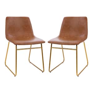 Light Brown Faux Leather/Gold Frame Leather/Faux Leather Dining Chair (2-Pack)