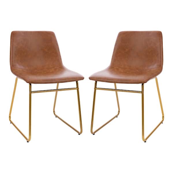 TAYLOR + LOGAN Light Brown Faux Leather/Gold Frame Leather/Faux Leather Dining Chair (2-Pack)