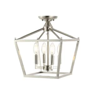 Plains Mini Lantern 12 in. 4-Light Iron Modern Farmhouse LED Flush Mount, Nickel