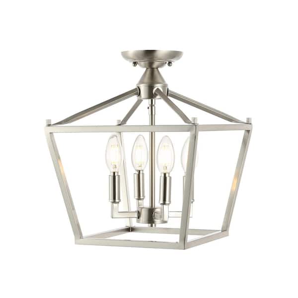 Plains Mini Lantern 12 in. 4-Light Iron Modern Farmhouse LED Flush Mount, Nickel