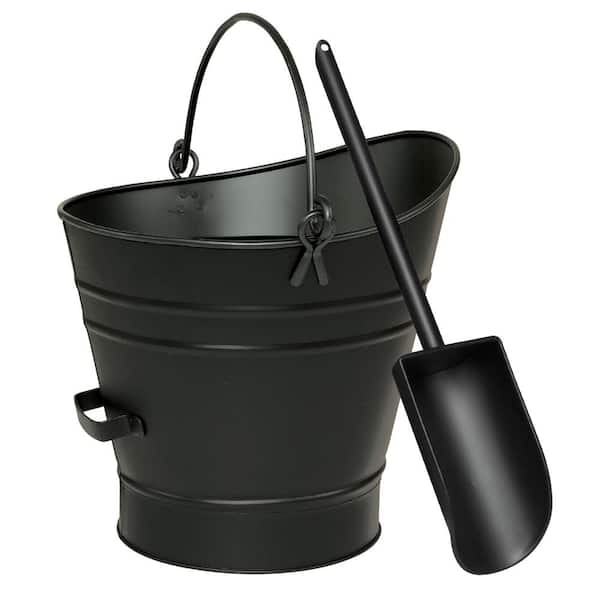 ACHLA DESIGNS 14 in. Tall 2-Piece Black Traditional Galvanized Steel Round Small Pellet Bucket with Handles and Scoop