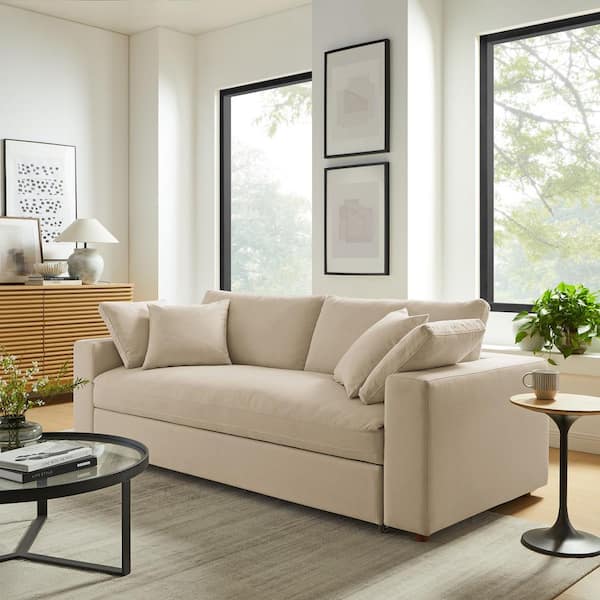 Commix 93in. Square Arm Fabric Rectangle Removable Cushion Sleeper Sofa in. Light Beige