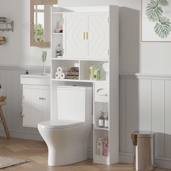 Over the Toilet Storage Cabinet with Barn Doors & Toilet Paper Holder, White Bathroom Organizer 70.2 in. Accent Storage