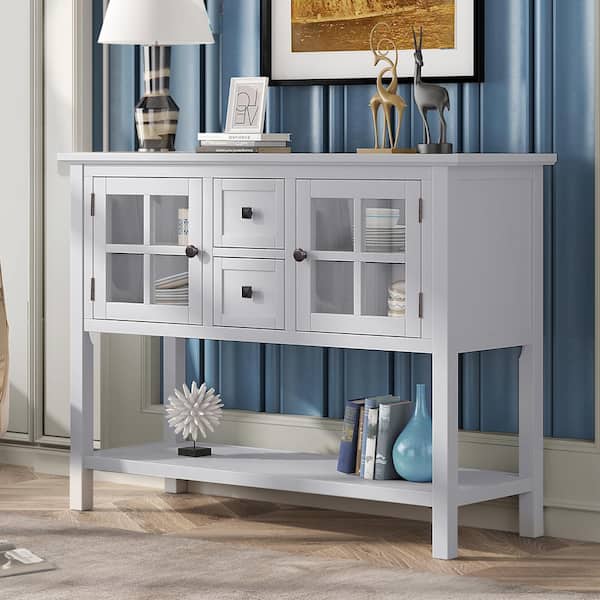 GODEER 45 in. White Rectangle Wood Console Table for Living Room with 2 Drawers, 2 Cabinets and 1 Shelf