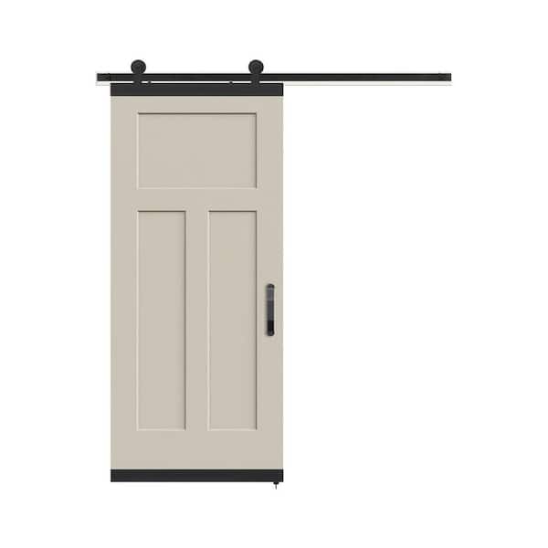 JELD-WEN 36 in. x 84 in. 3 Panel Craftsman Primed Smooth Molded Composite MDF Barn Door with Rustic Hardware Kit