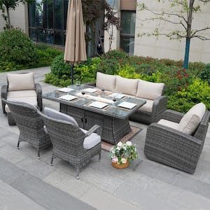 Evita Gray 7-Piece Wicker Patio Fire Pit Conversation Sofa Set with Beige Cushions