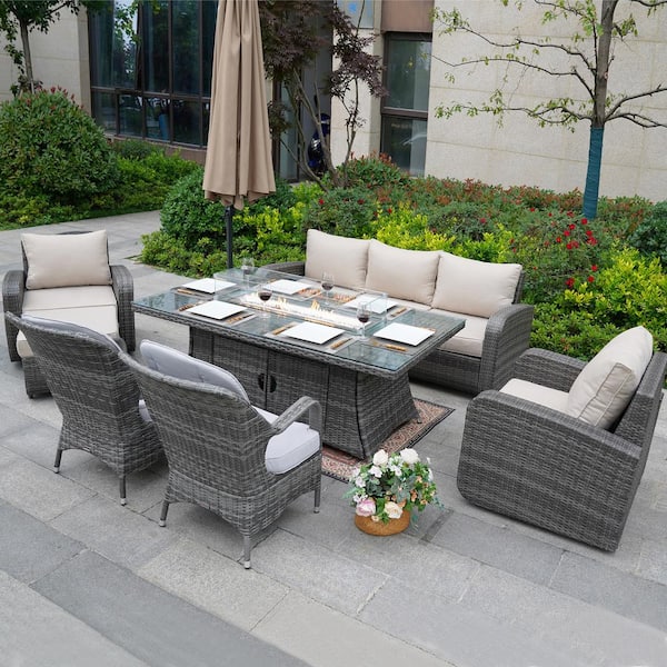 moda furnishings Evita Gray 7-Piece Wicker Patio Fire Pit Conversation Sofa Set with Beige Cushions