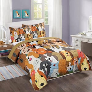 WX200 Brown Dog Full Size Polyester Quilt Bedspread Set