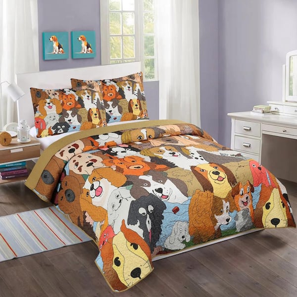 MarCielo WX200 Brown Dog Full Size Polyester Quilt Bedspread Set
