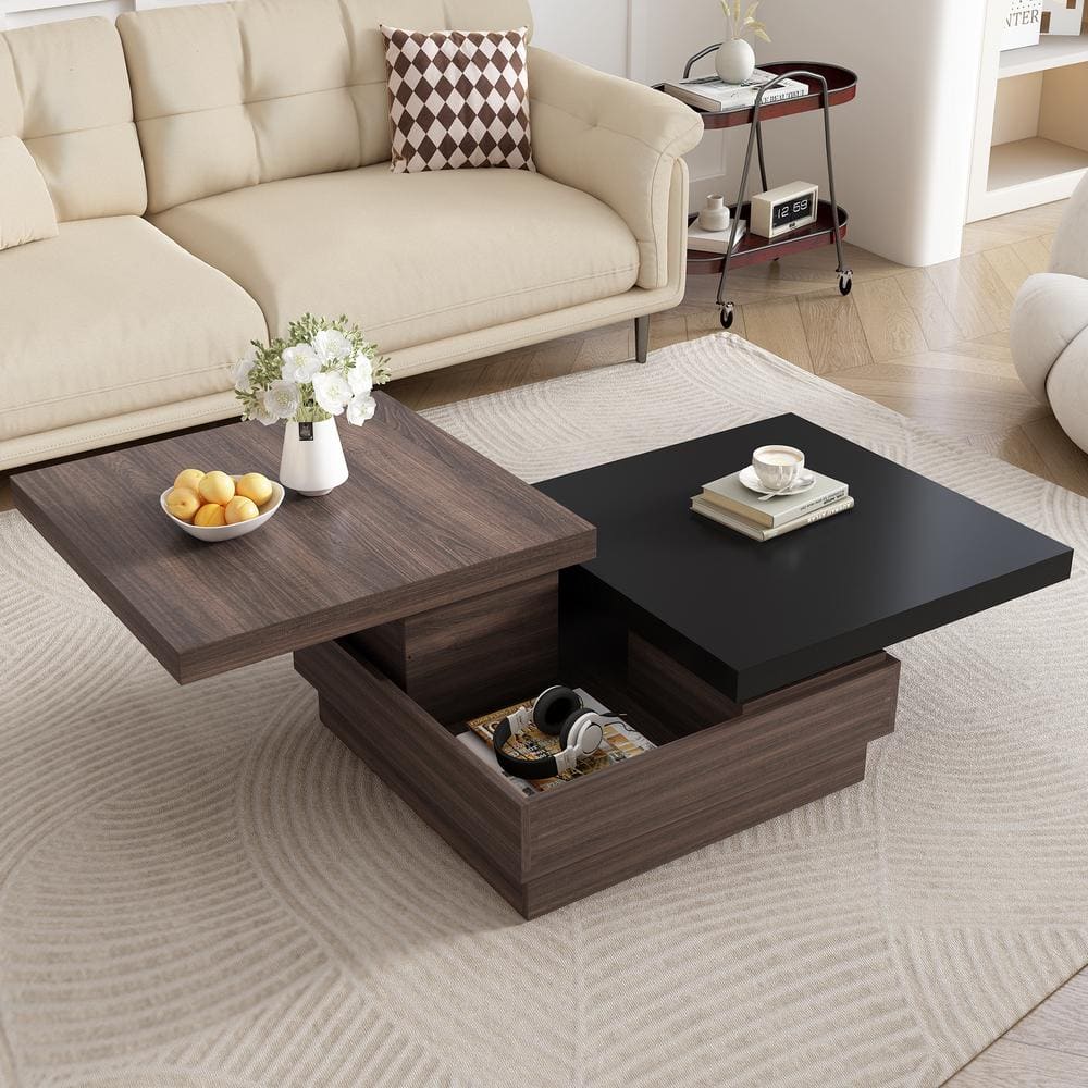 Harper & Bright Designs 46.8 in. Black Rectangle Wood Grain Design Coffee Table with Rotatable ...