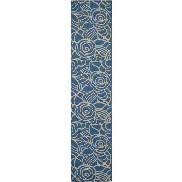 Courtyard Blue/Beige 2 ft. x 12 ft. Floral Indoor/Outdoor Patio  Runner Rug
