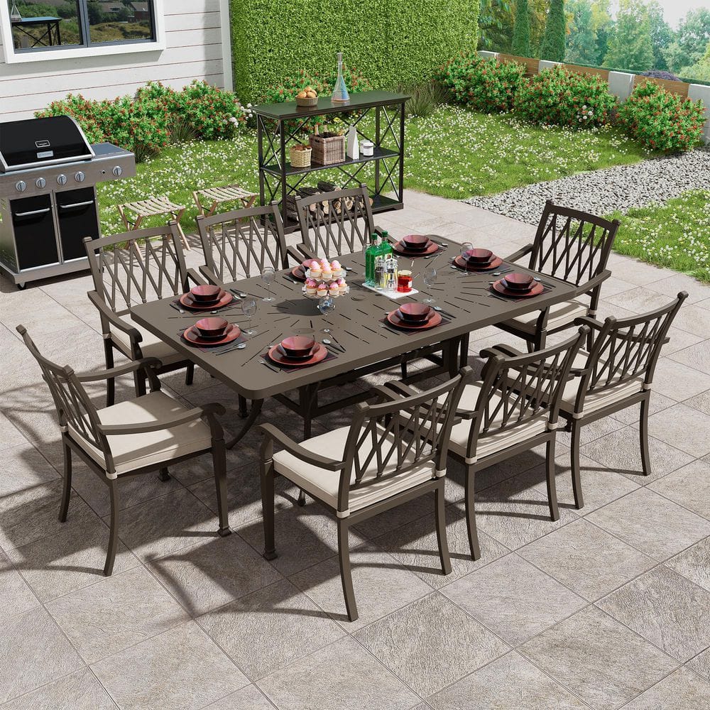 Beige Cushioned Cast Aluminum Outdoor Dining Chairs, Set of 4