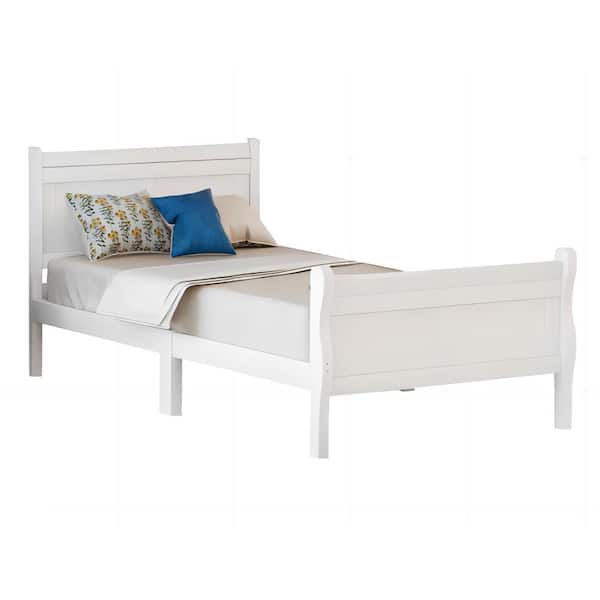41.30 in. W White Twin Solid Wood Sleigh Bed with Headboard, Footboard, Wood Slat Support
