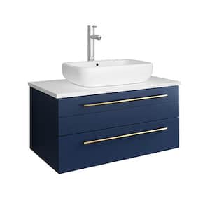 Lucera 30 in. W Wall Hung Bath Vanity in Royal Blue with Quartz Stone Vanity Top in White with White Basin
