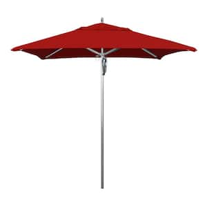 7.5 ft. Square Silver Aluminum Commercial Market Patio Umbrella with Pulley Lift in Red Sunbrella