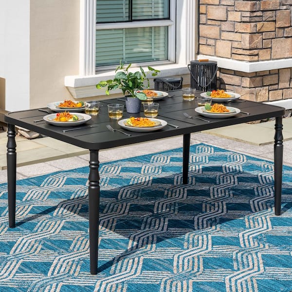 Black Rectangle Powder-Coated Metal Outdoor 61" x 37" Dining Table with Umbrella Hole