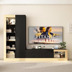 Black/Oak Wood L-Shaped TV Stand Media Console with Drawers, Open Shelves, Door Cabinet, Lights Fits TV's up to 80 in.