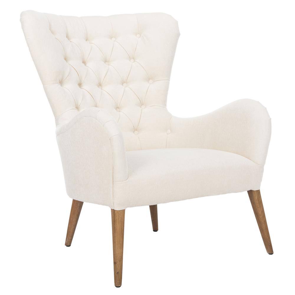 Off-White Tufted Wingback Accent Chair with Wood Legs