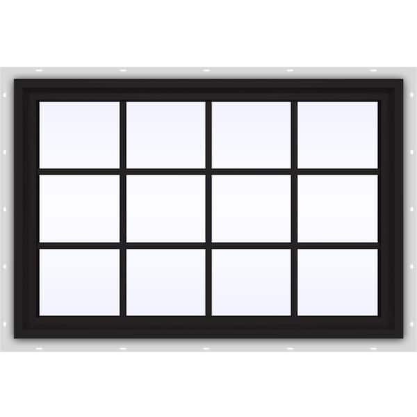 JELD-WEN 48 in. x 36 in. V-4500 Series Black Exterior/White Interior FiniShield Vinyl Fixed Picture Window, Colonial Grids/Grille