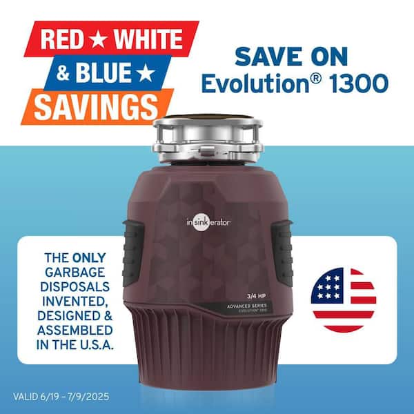 Evolution 1300, 3/4 HP Garbage Disposal, Continuous Feed Food Waste Disposer w EZ Connect Cord & Putty-Free Sink Seal
