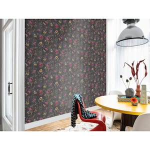 Tropical Floral Branches Wallpaper Charcoal Paper Strippable Roll (Covers 57 sq. ft.)