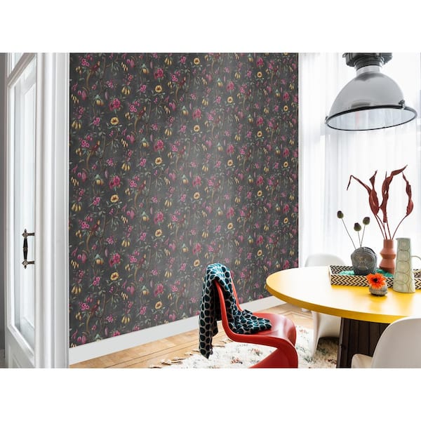 Tapestry Floral by Arthouse - Charcoal / Pink - Wallpaper