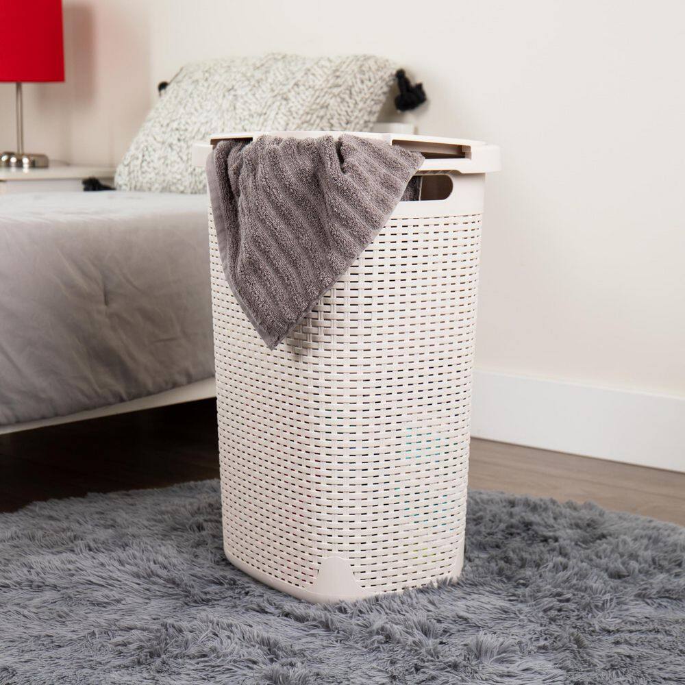 Ivory Wicker Style Plastic Upright Hamper with Lid, Set of 2