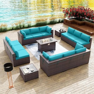 15-Piece Wicker Patio Conversation Set with 55000 BTU Gas Fire Pit Table and Glass Coffee Table and Blue Cushions