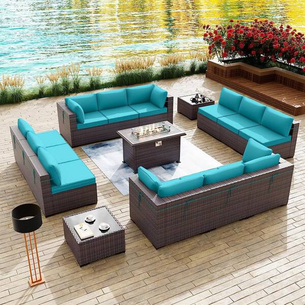 Halmuz 15-Piece Wicker Patio Conversation Set with 55000 BTU Gas Fire Pit Table and Glass Coffee Table and Blue Cushions