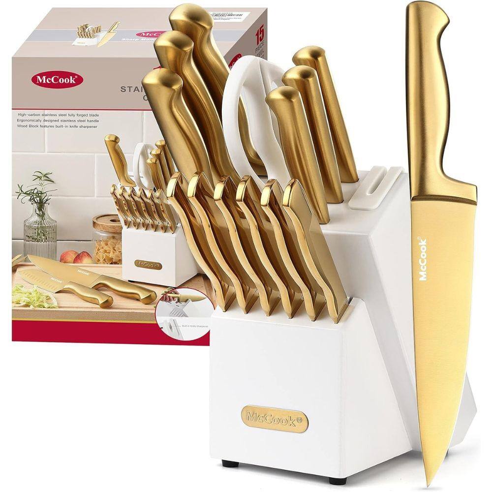 15-Piece Stainless Steel German Premium Knife Set with White Wooden Knife B