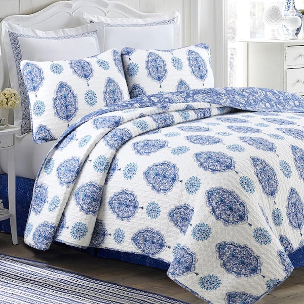 Laura Ashley Bedford 3-Piece Blue Floral Cotton King Quilt Set 185748 - The  Home Depot