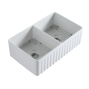 White Fire Clay 33 in. Farmhouse/Apron-Front Double Bowls Sink Kitchen Ceramic Sink with Bottom Grid