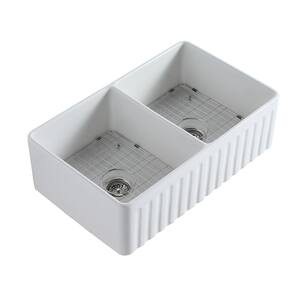 White Fire Clay 33 in. Farmhouse/Apron-Front Double Bowls Ceramic Sink with Bottom Grid