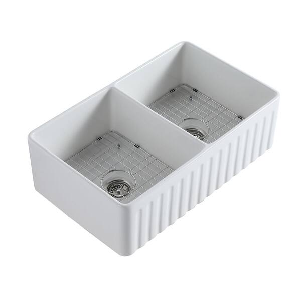 CASAINC White Fire Clay 33 in. Farmhouse/Apron-Front Double Bowls Ceramic Sink with Bottom Grid