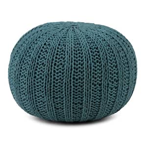 Shelby Boho Round Hand Knit Pouf in Teal Cotton