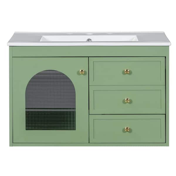 Aoibox 30 in. W x 18 in. D x 19.6 in. H ELegant Floating Bath Vanity in Green with White Ceramic Sink, 1-Door and 2-Drawers