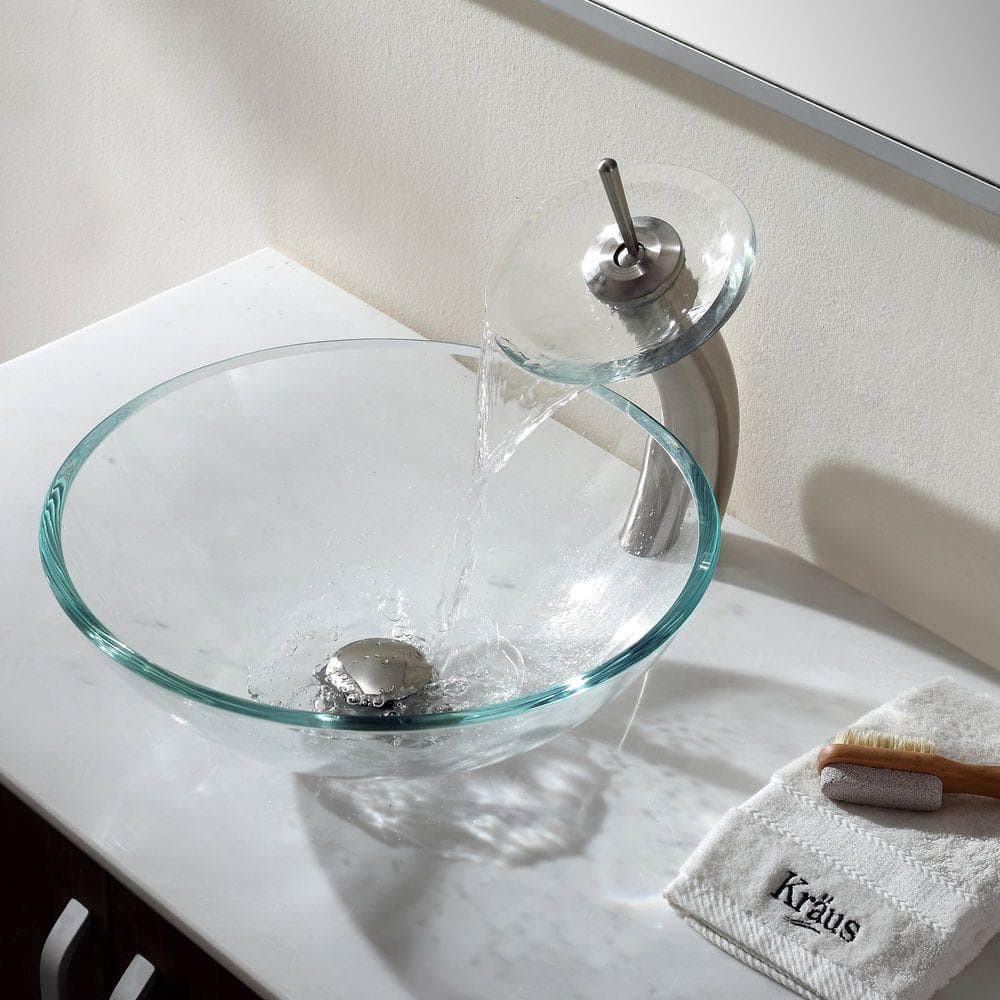 Crystal Clear Round Glass Vessel Sink with Satin Nickel Drain