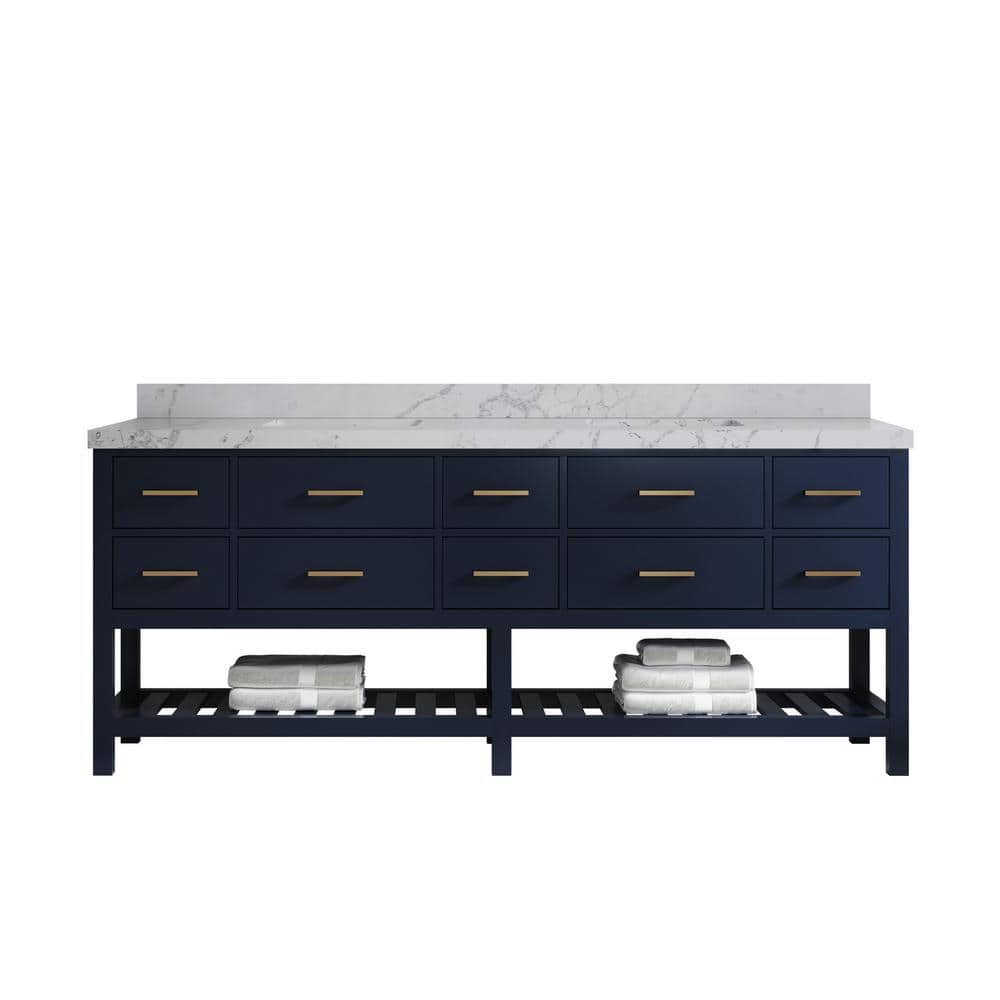 Parker 84 in. Double Sink Freestanding Navy Blue Bath Vanity with Regular Venatino Qt. Top Unassembled price history on PriceWatchPro