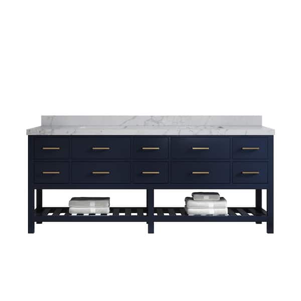 Willow Collections Parker 84 in. Double Sink Freestanding Navy Blue Bath Vanity with Regular Venatino Qt. Top Unassembled