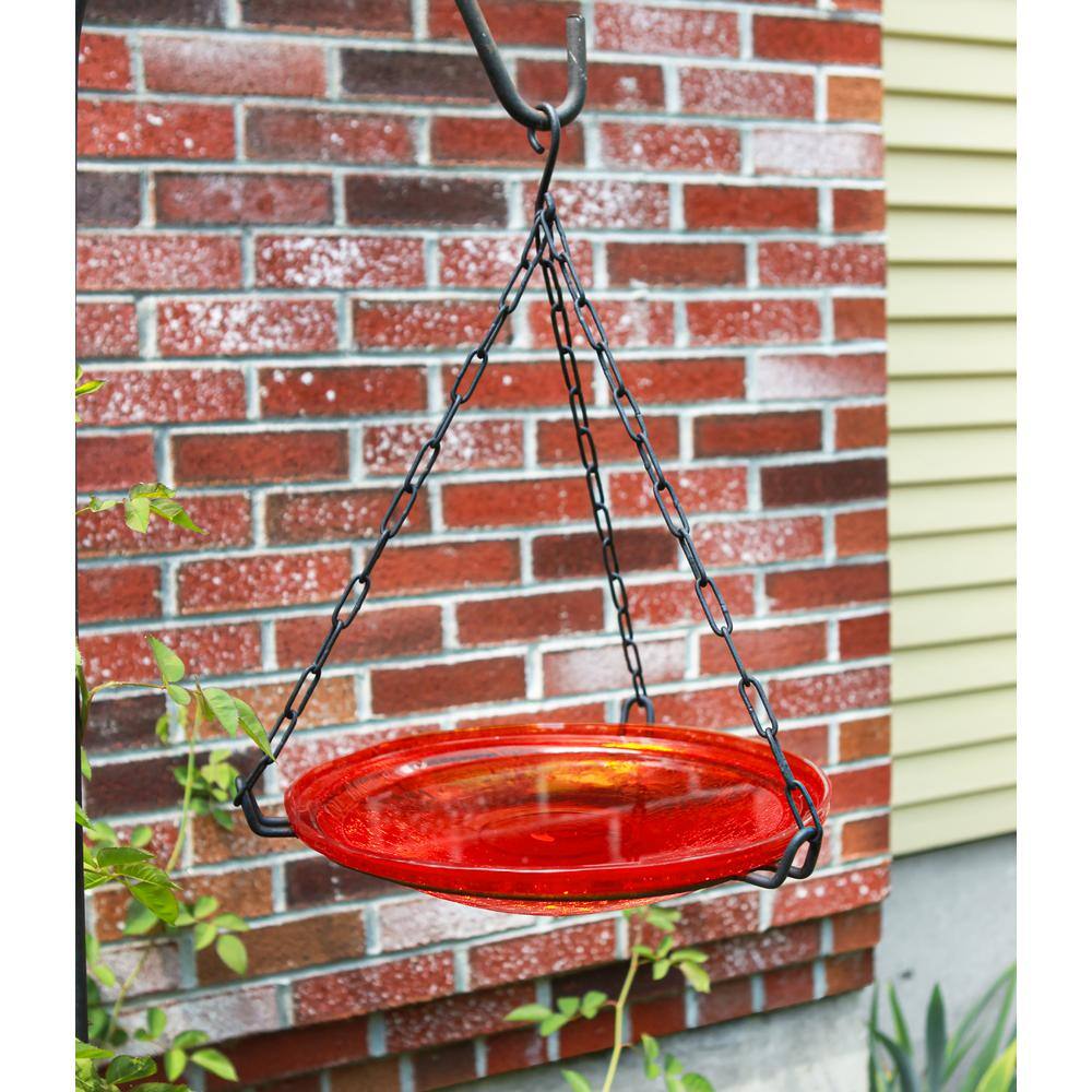 Red Crackle Glass Hanging Birdbath with Iron Chain