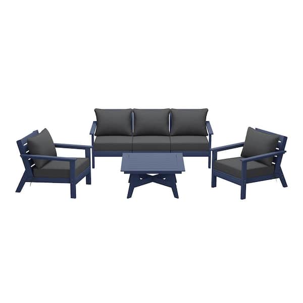 WESTIN OUTDOOR Birchwood Navy Blue Arrangeable 6-Piece Outdoor Patio HDPE Deep Seating Conversation Sofa Set with Gray Cushions