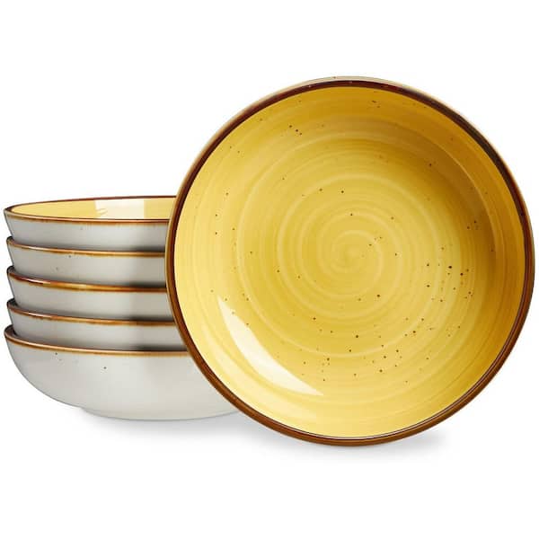 30 fl. oz. Yellow Porcelain Pasta Bowls, Ceramic Shallow Serving Bowls for Salad, Soup, Microwave and Dishwasher Safe