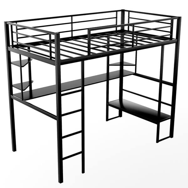 Qualler Black Full Size Metal Loft Bed With Desk And Shelves BWM000608B ...