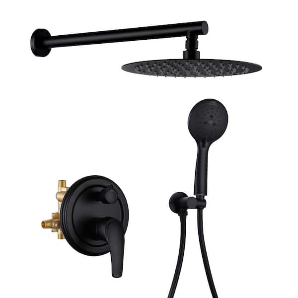 PERLIRIA INC Rain Single -Handle 2-Spray 10 in. Round Shower System Shower Head and Handheld Shower Head in Matte Black