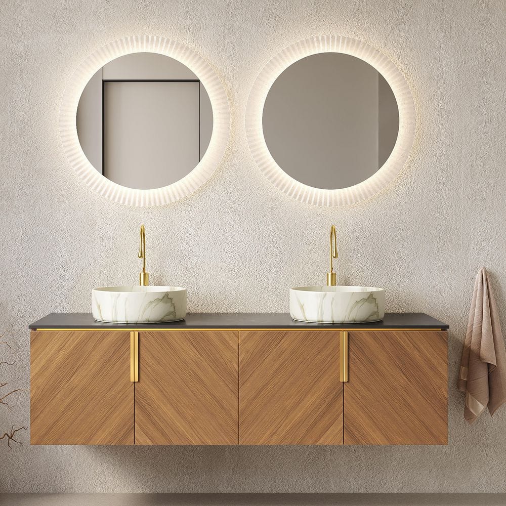 Yingze 60 in. Wall-Mounted Double Sink Brown Oak Bath Vanity with