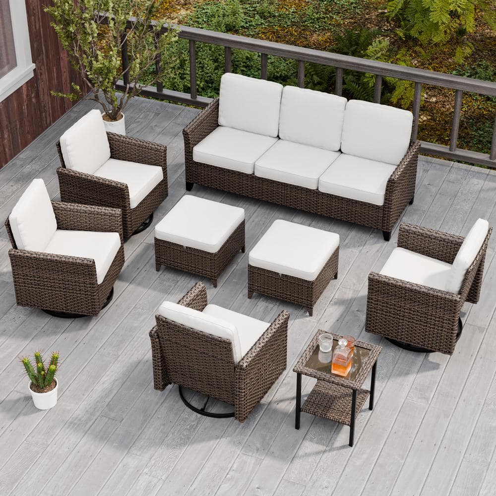 8-Piece Mix Brown Wicker Patio Conversation Set Wide Armrest 3-Seat Sofa Set, Beige Cushions, 4-Swivel Chairs price history on PriceWatchPro